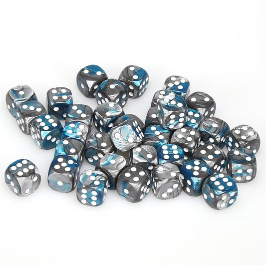 CHESSEX DICE: D6 -- 12MM GEMINI DICE STEEL-TEAL WITH WHITE; 36CT (CHX26856)