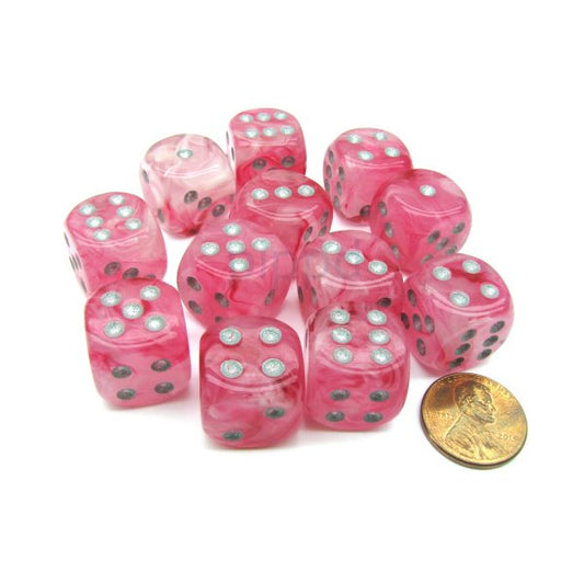 CHESSEX DICE: D6 -- 12MM GHOSTLY GLOW PINK/SILVER; 36CT (CHX27924)