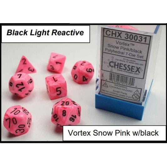 CHESSEX DICE: 7CT LAB DICE VORTEX POLY SET, SNOW PINK/BLACK (CHX30031)