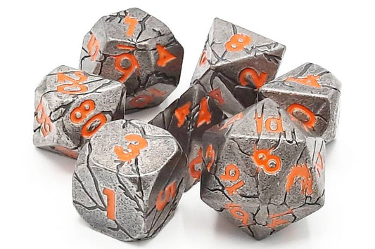 Old School 7 Piece DnD RPG Metal Dice Set: Orc Forged - Ancient Silver w/ Orange