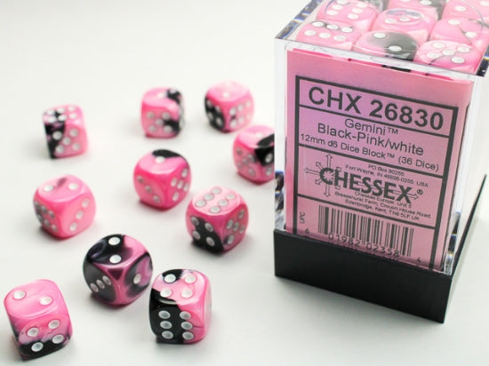 CHESSEX DICE: Gemini Black-Pink/white 12mm d6 Dice Block (36 dice) (CHX 26830)