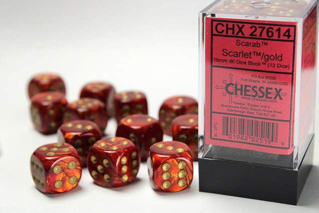 CHESSEX DICE: D6 - 16MM Scarab Dice, Scarlet/Gold, 12CT (CHX 27614)