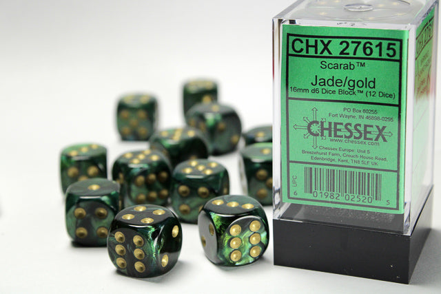 CHESSEX DICE: D6 12MM Scarab Dice, Jade/Gold (12 Dice) (CHX 27615)