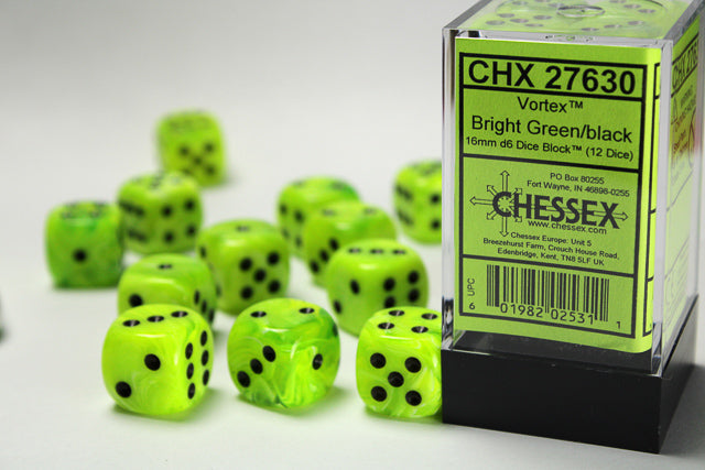 CHESSEX DICE: D6 16MM Vortex Dice, Bright Green/Black (12 Dice) (CHX 27630)