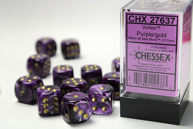 CHESSEX DICE: Vortex 16mm D6 Purple w/ Gold Dice Block (12 Dice) (CHX 27637)