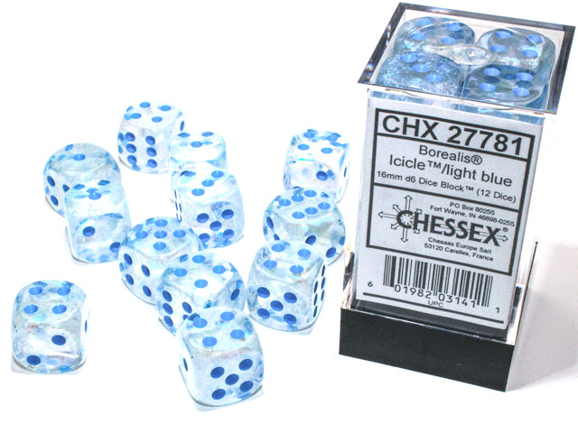 CHESSEX DICE: 16mm d6 Borealis Icicle w/Light Blue Luminary (12 Dice) (CHX 27781)