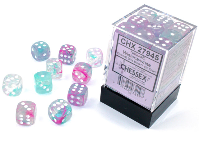 CHESSEX DICE: D6 -- 12MM Nebula Dice, Wisteria/White Luminary, 36CT (CHX 27945)