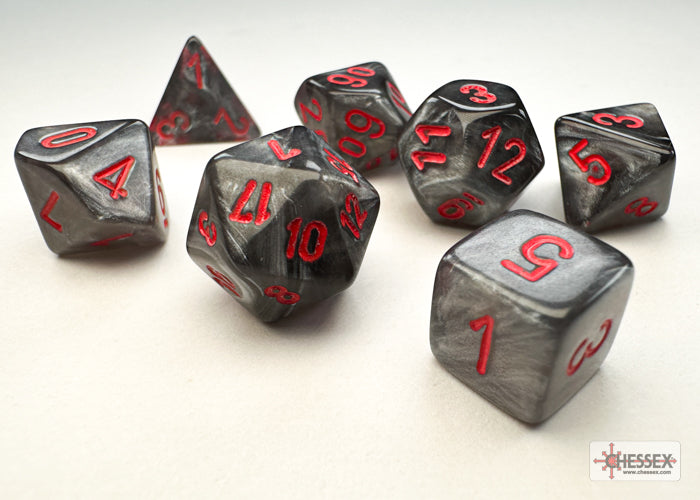 CHESSEX DICE: 7CT  Velvet Mini-hedral Black/red  (CHX 20478)