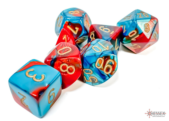Chesses Dice:  7ct Gemini Red-Teal/gold Dice Set (CHX 26462)