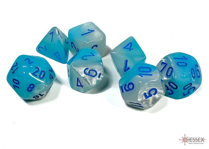 Chessex Dice:  Pearl Turquoise-White/blue Luminary 7-Die Set (CHX 26465)