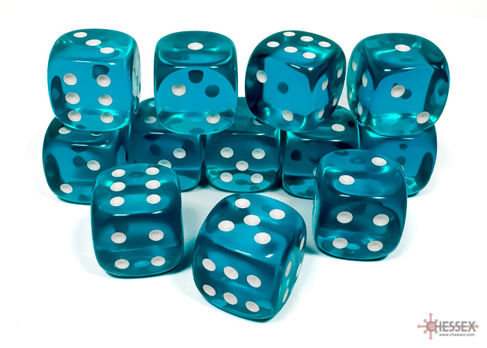 CHESSEX DICE: D6 16MM Translucent Teal/white (12 Dice) (CHX 23615)