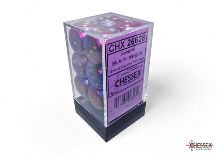 CHESSEX DICE: Gemini Blue-Purple w/ Gold Dice Block 16MM d6 (12 Dice) (CHX 26628)