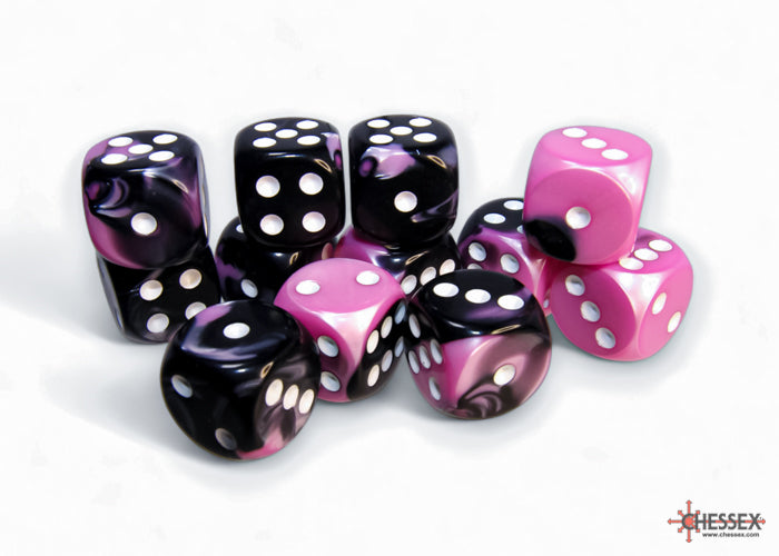 CHESSEX DICE: Gemini Black-Pink/white 16mm d6 Dice Block (12 dice) (CHX 26630)