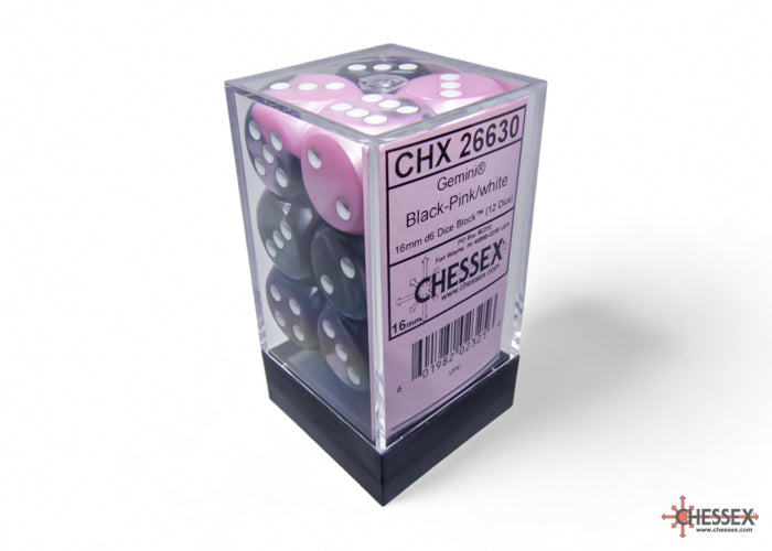 CHESSEX DICE: Gemini Black-Pink/white 16mm d6 Dice Block (12 dice) (CHX 26630)