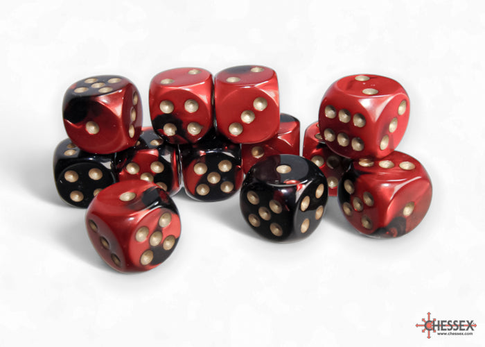 CHESSEX DICE: Gemini Black-Red/gold 16mm d6 (12 Dice) (CHX 26633)