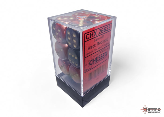 CHESSEX DICE: Gemini Black-Red/gold 16mm d6 (12 Dice) (CHX 26633)