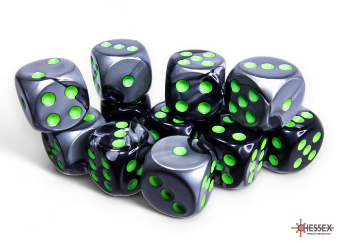 CHESSEX DICE: 16mm D6 Black-Grey/green Dice Block (12 Dice) (CHX 26645)