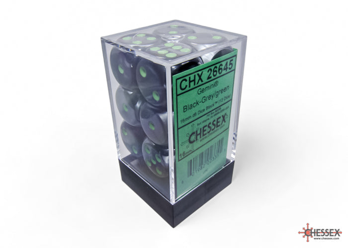 CHESSEX DICE: 16mm D6 Black-Grey/green Dice Block (12 Dice) (CHX 26645)