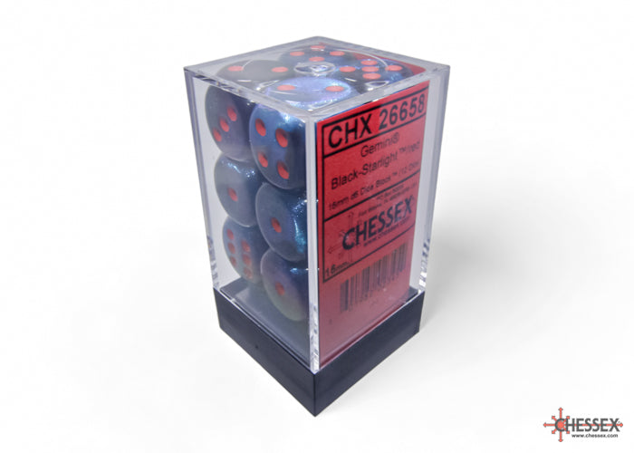 CHESSEX DICE: D6 16MM Gemini Black-Starlight/red (12 Dice) (CHX 26658)