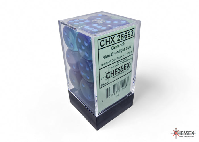 CHESSEX DICE: 16mm D6 Gemini Blue-Blue/light blue Luminary (12 dice) (CHX 26663)