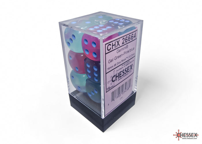 CHESSEX DICE: Gemini Gel Green-Pink/blue 16mm D6 (12 Dice) (CHX 26664)