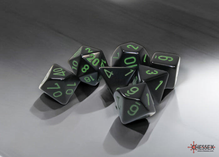 CHESSEX DICE:  7CT Opaque Polyhedral Black/Green (CHX 25458)