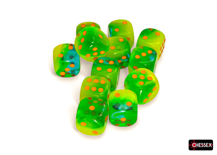 Chessex Dice: Plasma Green-Teal/orange Luminary 16mm d6 Dice Block (12 dice) (CHX 26670)