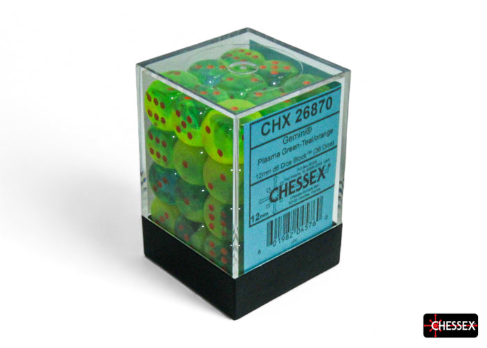 Chessex Dice: Plasma Green-Teal/orange Luminary 12mm d6 Dice Block (36 dice) (CHX 26870)