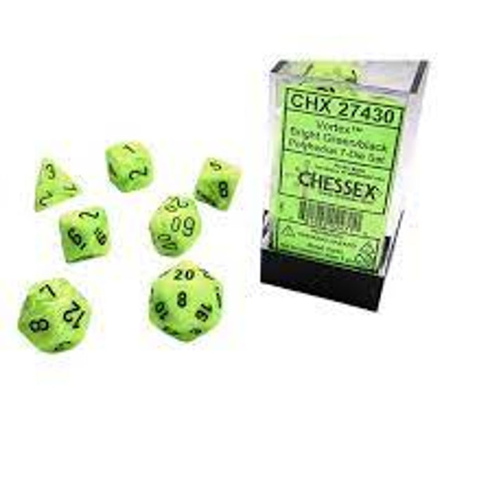 CHESSEX DICE:  7CT VORTEX POLY DICE SET, BRIGHT GREEN/BLACK (CHX 27430)