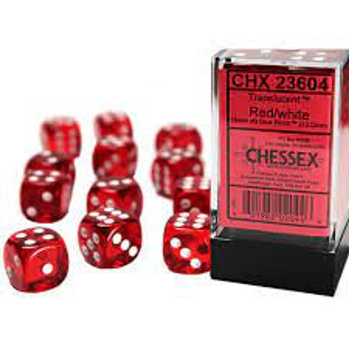 CHESSEX DICE:  Translucent: 16mm D6 Red/White 12 Count (CHX 23604)