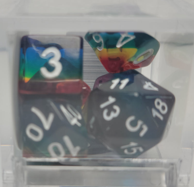 7 Piece Polyhedral - Rainbow Aurora with White Numbers