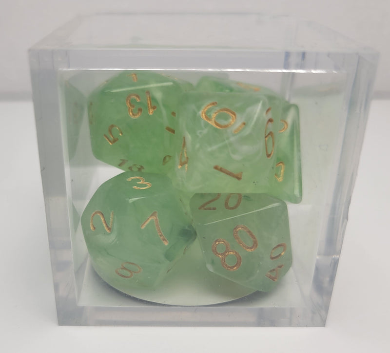 7 Polyhedral Dice - Cloudy Green with Gold Numbers