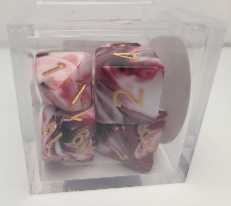 7 Mini Polyhedral Dice - Milky Red with Gold Numbers