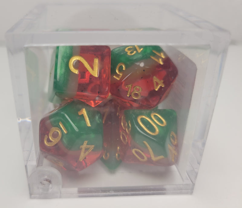 7 Polyhedral Dice - Watermelon Multi-layer with Gold Numbers