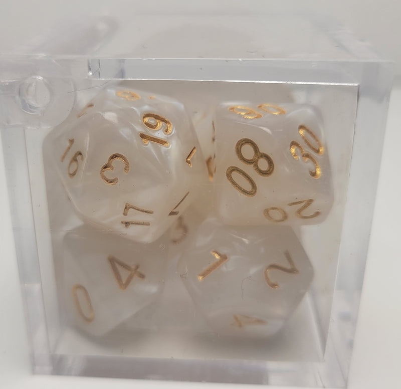 7 Polyhedral Dice - White Marble with Gold Numbers