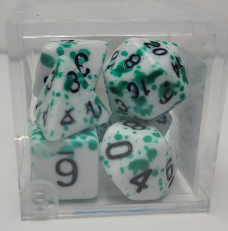 7 Polyhedral Dice - Green Speckled with Black Numbers