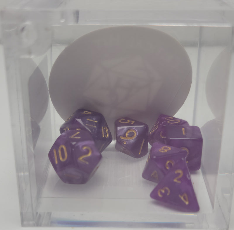 7 Mini Polyhedral Dice - Purple with Gold Numbers