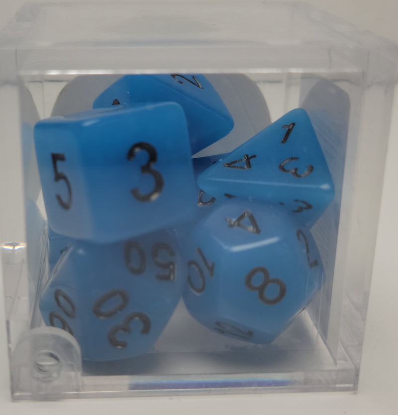 7 Polyhedral Dice - Blue Glow In Dark with Black Numbers