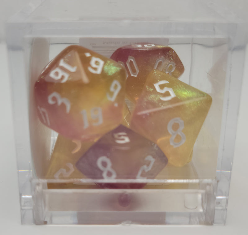 7 Polyhedral Dice - Rose/Yellow Galaxy with White Numbers