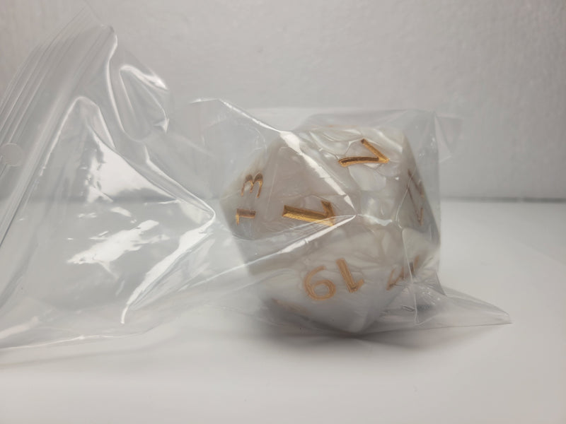 Large D20 - Marbled White with Gold Numbers