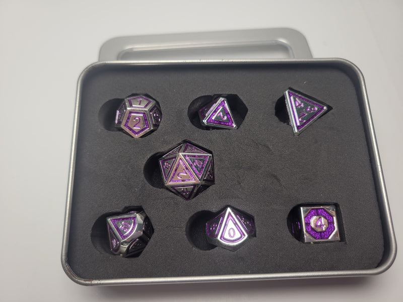 7 Piece Metal Polyhedral - Silver Block with Purple Numbers (Copy)