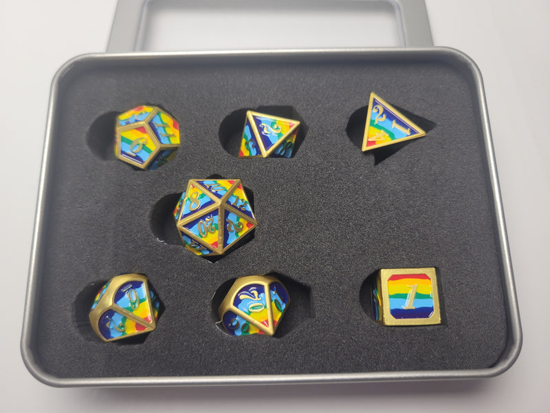 7 Piece Metal Polyhedral - Rainbow Shadow with Gold Numbers