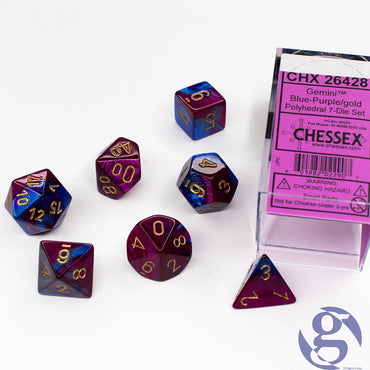 CHESSEX DICE: Polyhedral Gemini Blue-Purple w/ Gold Dice Block (CHX 26428)