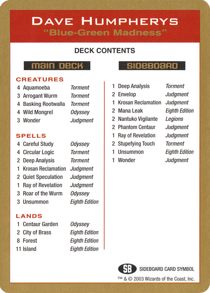 2003 Dave Humpherys Decklist Card [World Championship Decks]