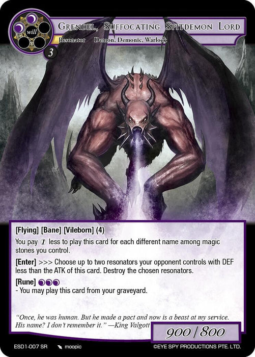Grendel, Suffocating Spitdemon Lord (ESD1-007 SR) [Descent into the Raven's Catacombs]