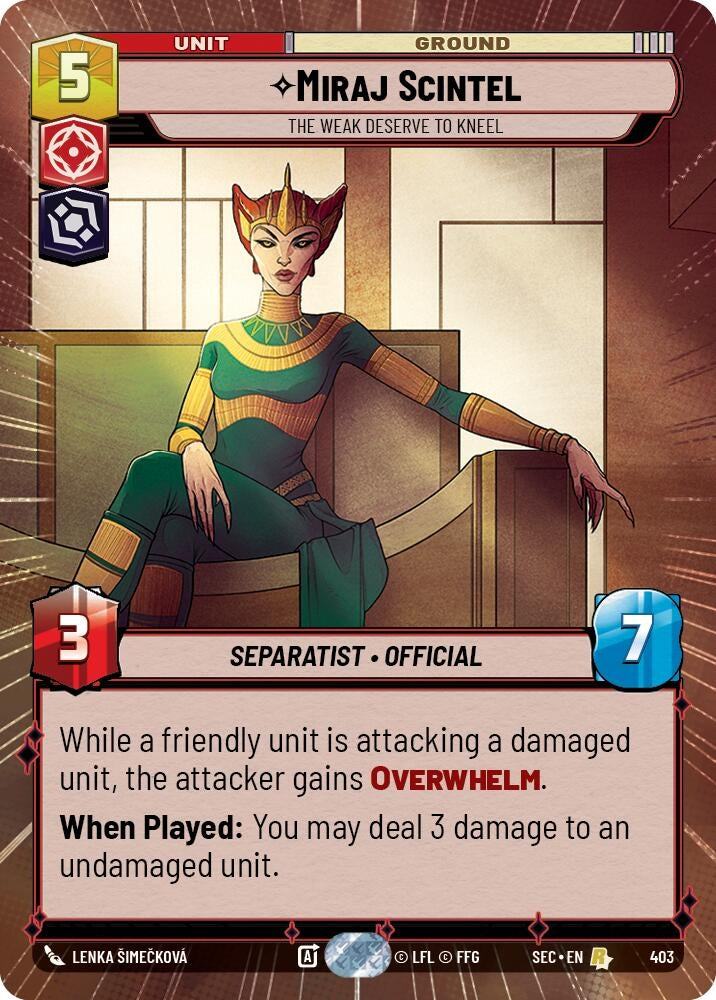Image for Miraj Scintel - The Weak Deserve to Kneel (Hyperspace) (403) [Secrets of Power] - Star Wars: Unlimited