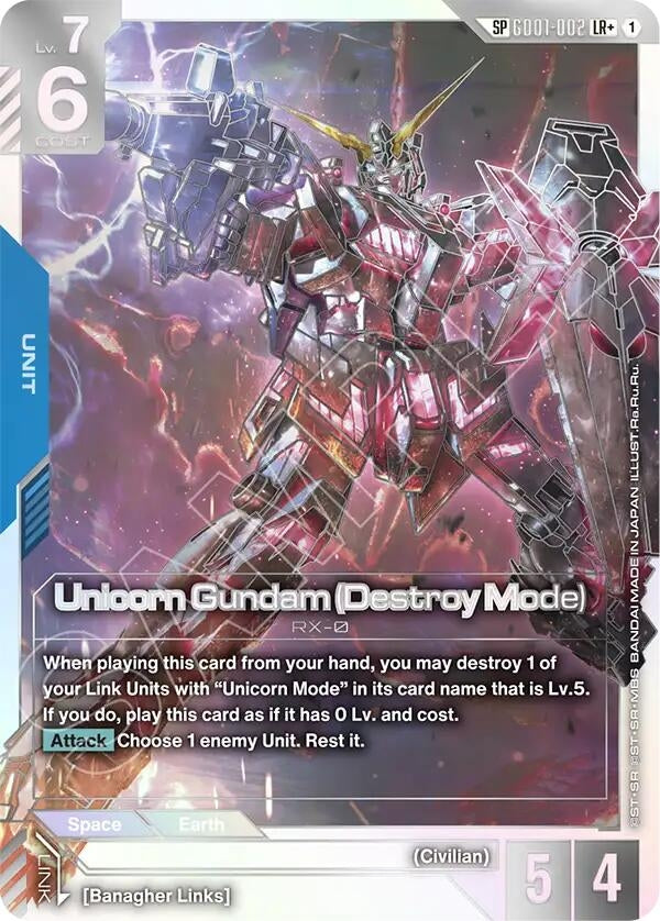 Image for Unicorn Gundam (Destroy Mode) (SP) (LR+) (GD01-002) [Phantom Aria] - Gundam Card Game