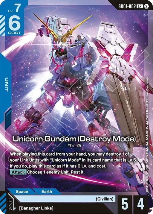 Image for Unicorn Gundam (Destroy Mode) (GD01-002) [Deck Build Box Freedom Ascension] {SC01} - Gundam Card Game