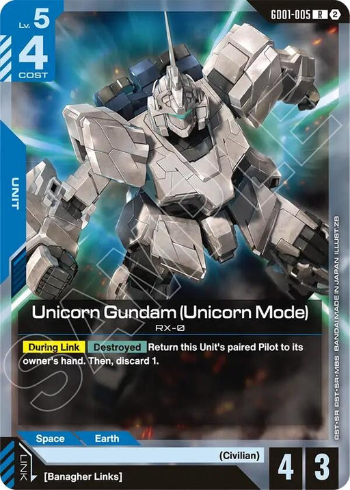 Image for Unicorn Gundam (Unicorn Mode) (GD01-005) [Deck Build Box Freedom Ascension] {SC01} - Gundam Card Game