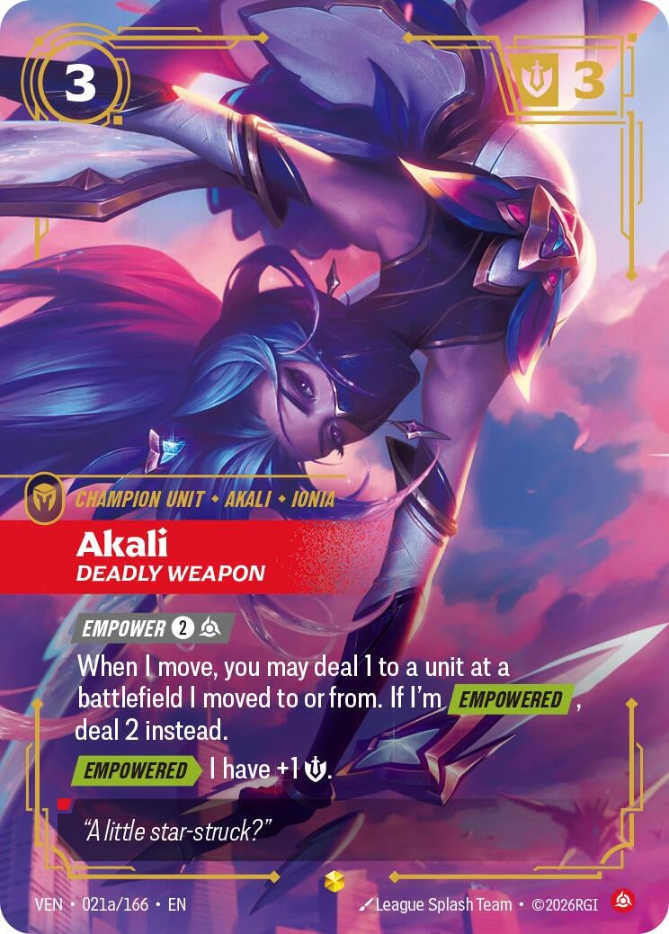 Image for Akali - Deadly Weapon (Alternate Art) (021a/166) [Vendetta] - Riftbound: League of Legends Trading Card Game